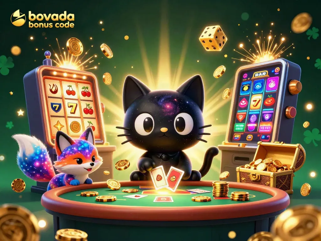 Spin to win with Bovada bonus code, featuring a cartoon black hole cat in a cosmic casino