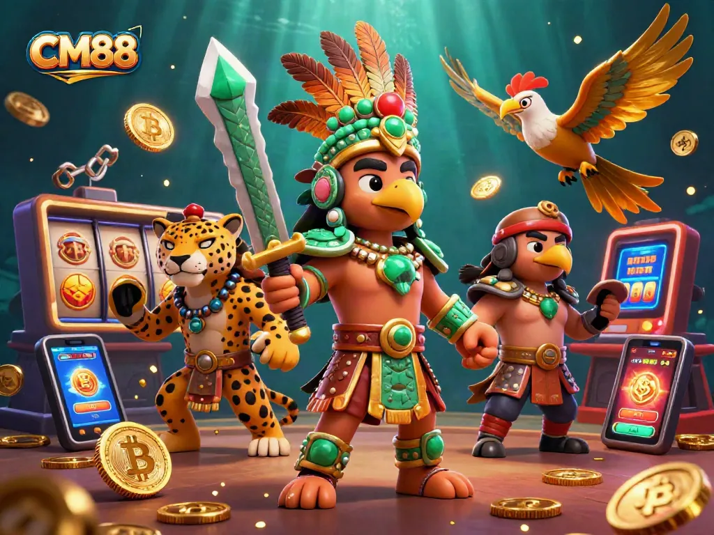 Engage in thrilling games at CM88 with an electrifying Aztec-themed casino scene showcasing slots and crypto elements.