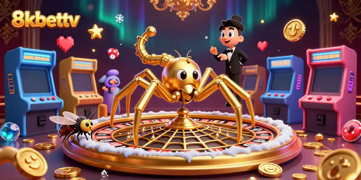 8kbettv features an engaging 3D scene with a golden spider, colorful gaming elements, and a roulette wheel.
