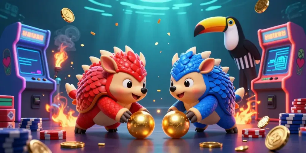 uy88 engages players with a lively scene of rival pangolins bowling through poker chips amidst arcade games.