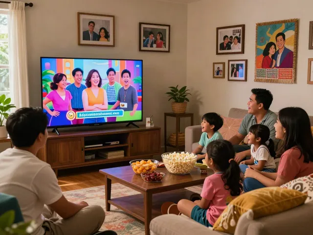 Family enjoying quality time while watching kapamilyachannel.com shows in a cozy living room.