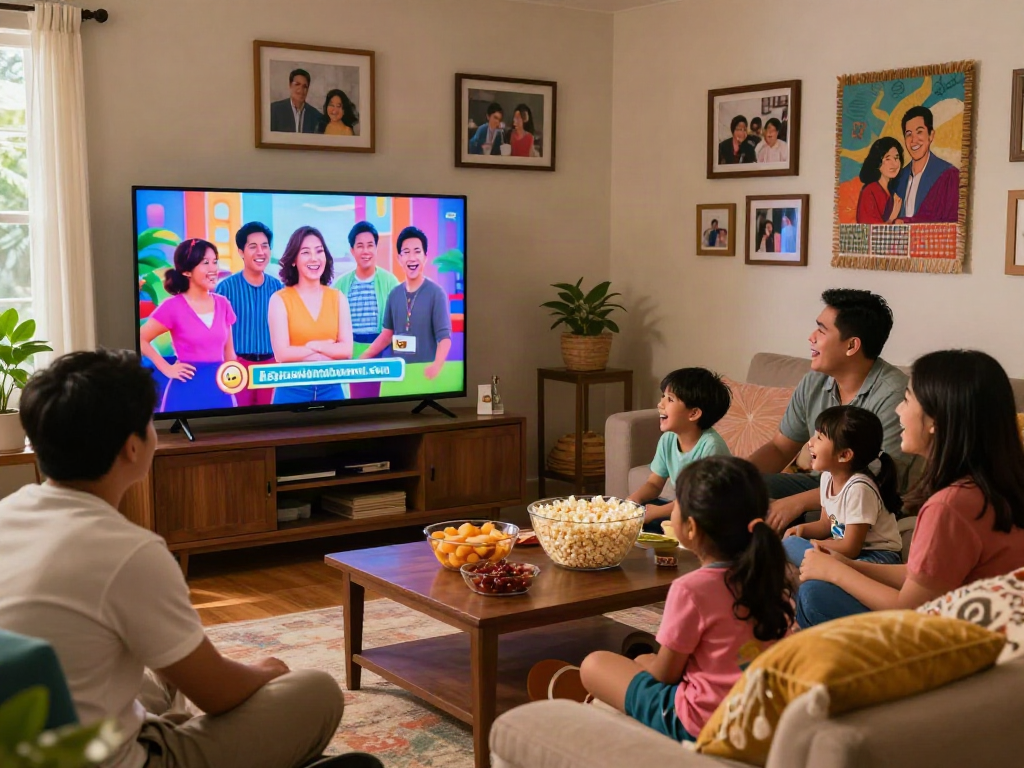 Family enjoying quality time while watching kapamilyachannel.com shows in a cozy living room.