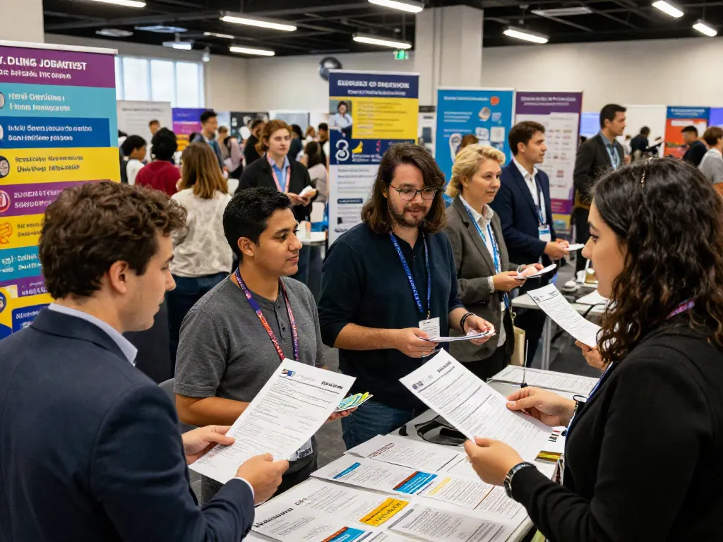 Job seekers actively networking at a job fair, seeking หางาน opportunities to enhance their careers.