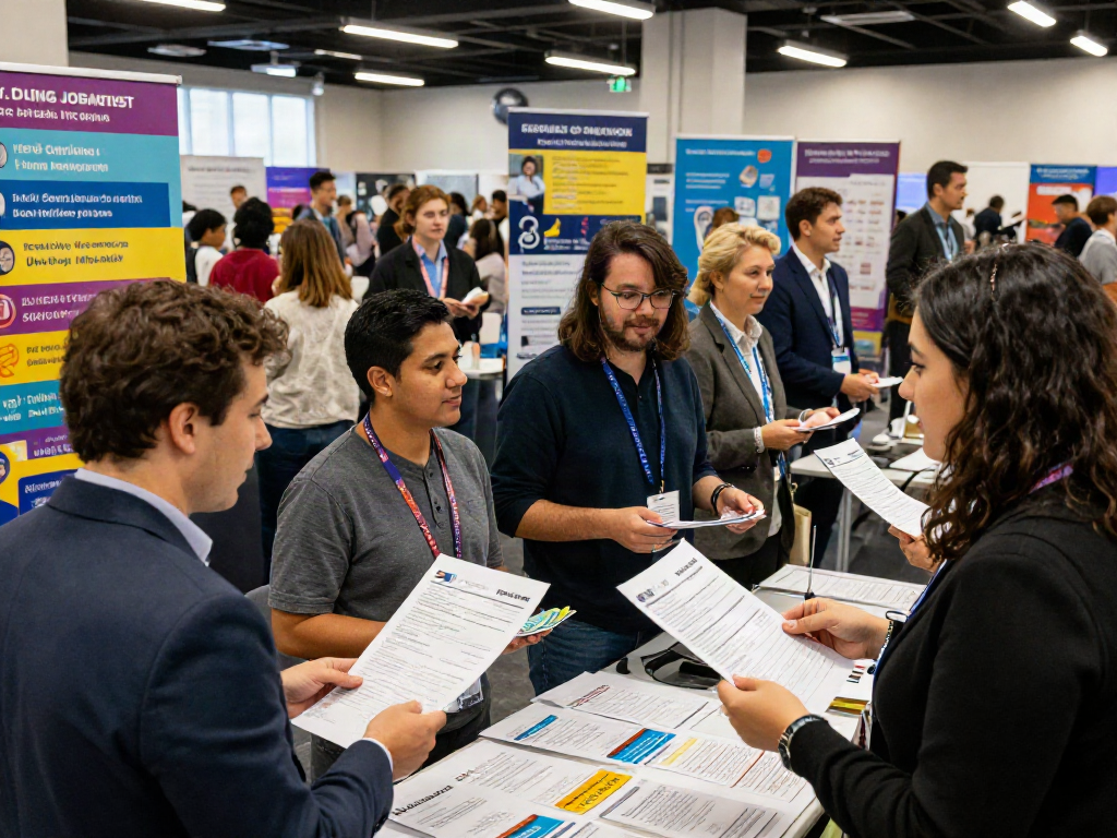 Job seekers actively networking at a job fair, seeking หางาน opportunities to enhance their careers.