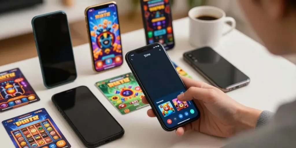 Explore the Yono Arcade app featuring multiple games in a vibrant home setting.