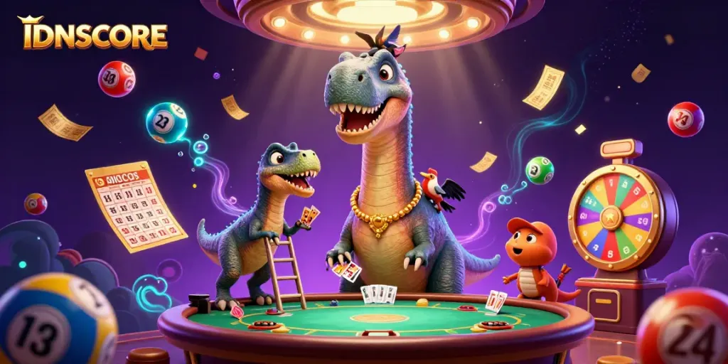 Engage with thrilling IDNSCORE gaming as a dinosaur oversees dynamic casino fun.