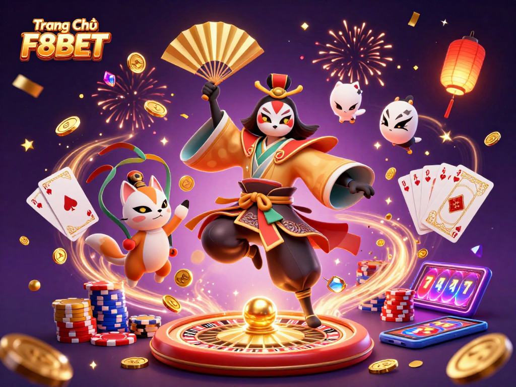 Experience the excitement of Trang Chủ F8BET with a vibrant illustration of winning moments and casino fun.