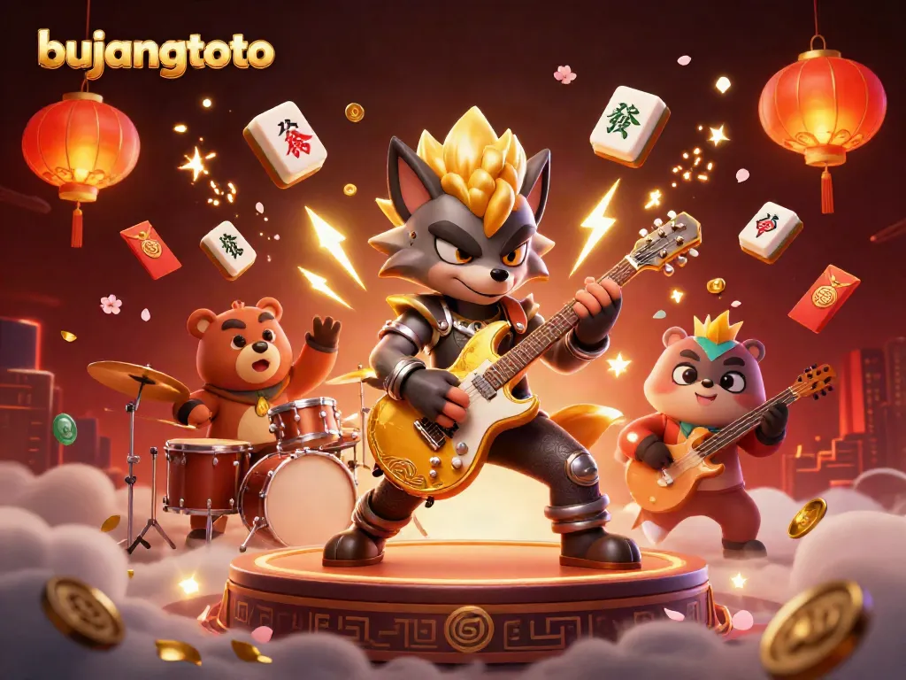 Engage with bujangtoto through a dynamic illustration of a rock star wolf and drummer bear in an energizing online casino setting.