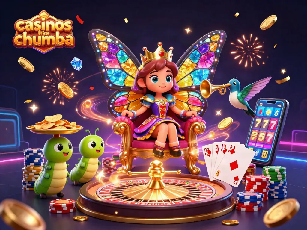 Play exciting casino games like Chumba Casino with a vibrant butterfly queen illustration.