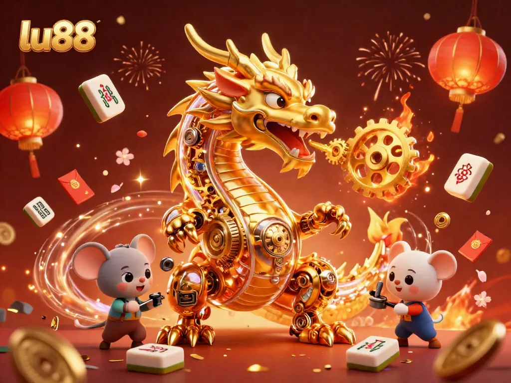 Experience thrilling gaming with LU88, featuring a golden dragon, festive elements, and lively casino atmosphere.