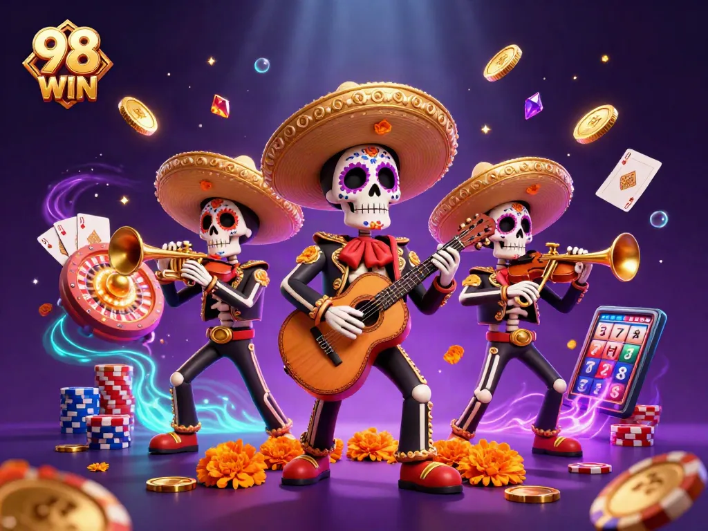 Experience thrilling gameplay with 98 WIN featuring vibrant mariachi characters surrounded by casino elements.