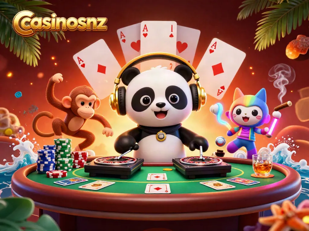 Experience vibrant action at casinosnz with a DJ panda and lively characters in a festive casino setting.