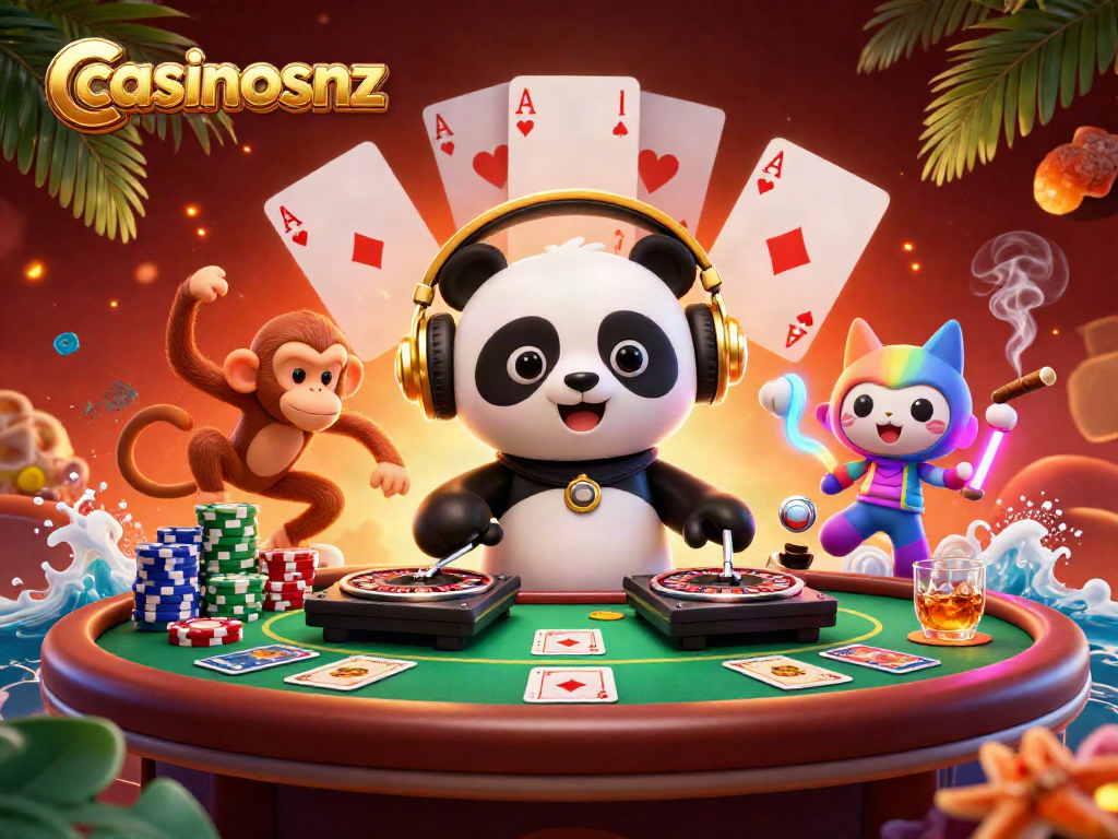 Experience vibrant action at casinosnz with a DJ panda and lively characters in a festive casino setting.