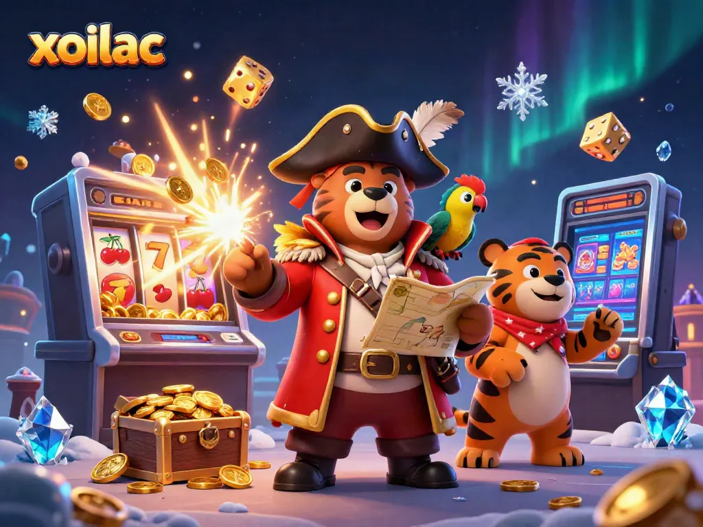 Xoilac's gambling scene with a pirate bear, tiger, and golden parrot amidst vibrant casino elements.