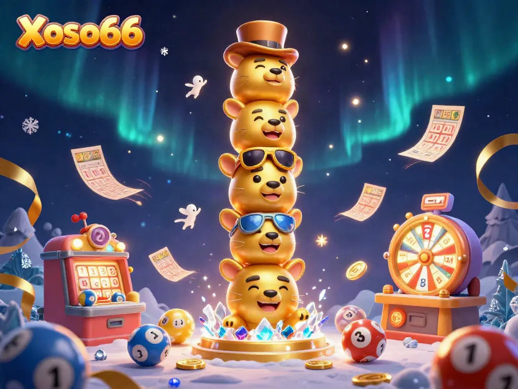 Xoso66 presents a vibrant 3D illustration of a totem pole immersed in lottery excitement, showcasing dynamic elements like glowing bingo cards and lottery machines.