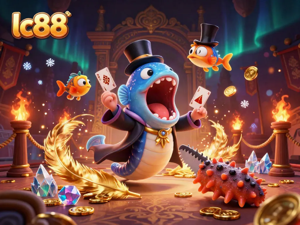 Enjoy thrilling gaming with lc88 as a bioluminescent eel performs card tricks in a vibrant casino scene.