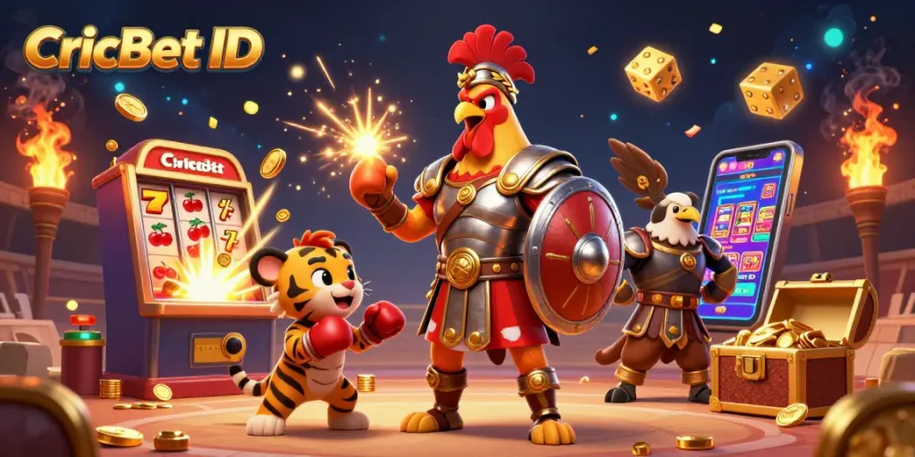 Celebrate winning with CricBet ID in a vibrant casino scene featuring a gladiator rooster, an eagle standard bearer, and a colorful slot machine.