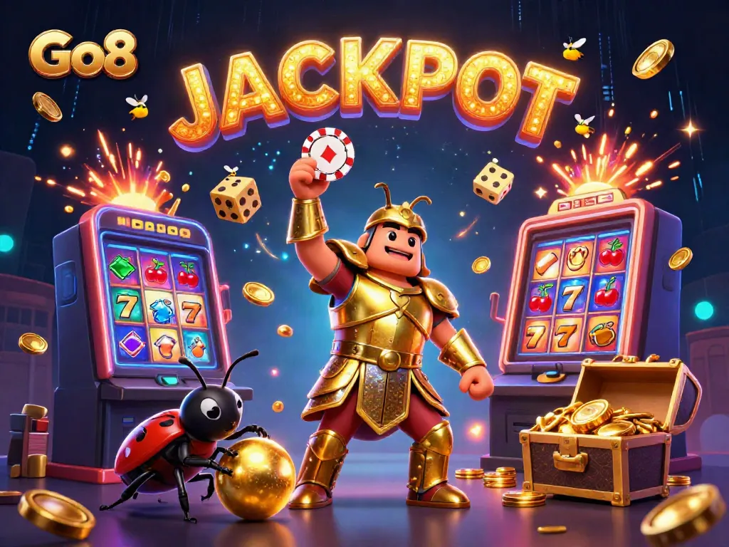 Go8 beetle character triumphantly lifts a poker chip amidst a vibrant casino scene