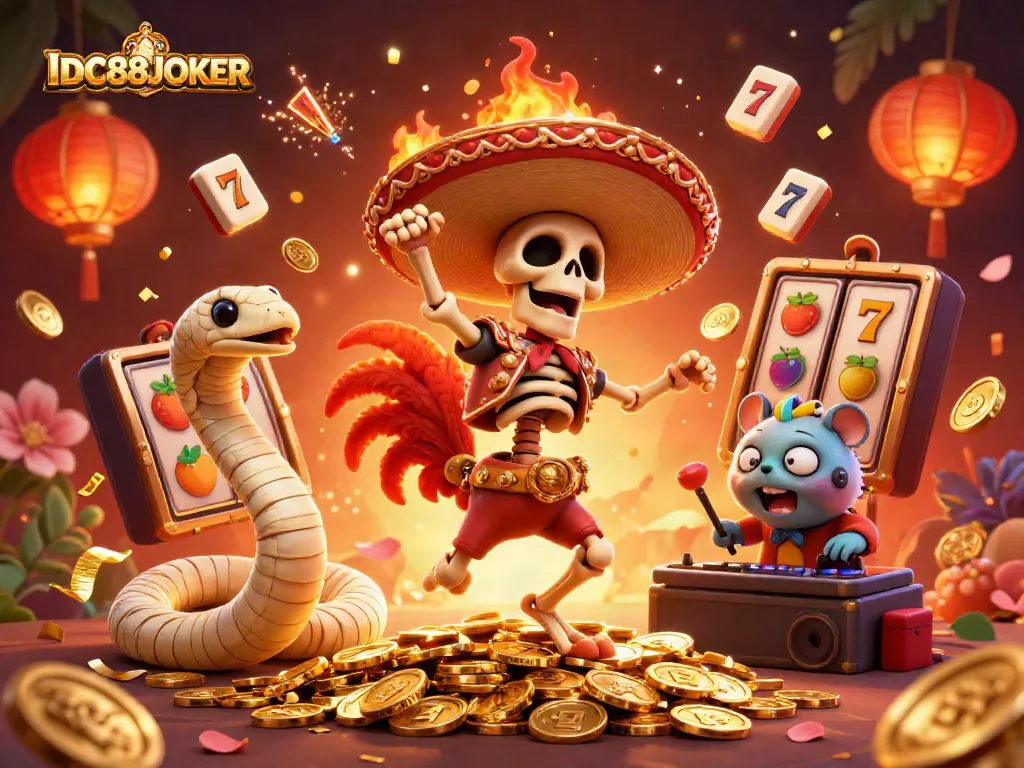 Experience high-reward gameplay at IDC88JOKER with a festive, colorful casino scene featuring vibrant characters and elements.