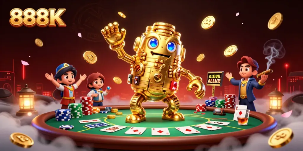 Join the excitement at 888K with a vibrant golem illustration and dynamic poker scene.