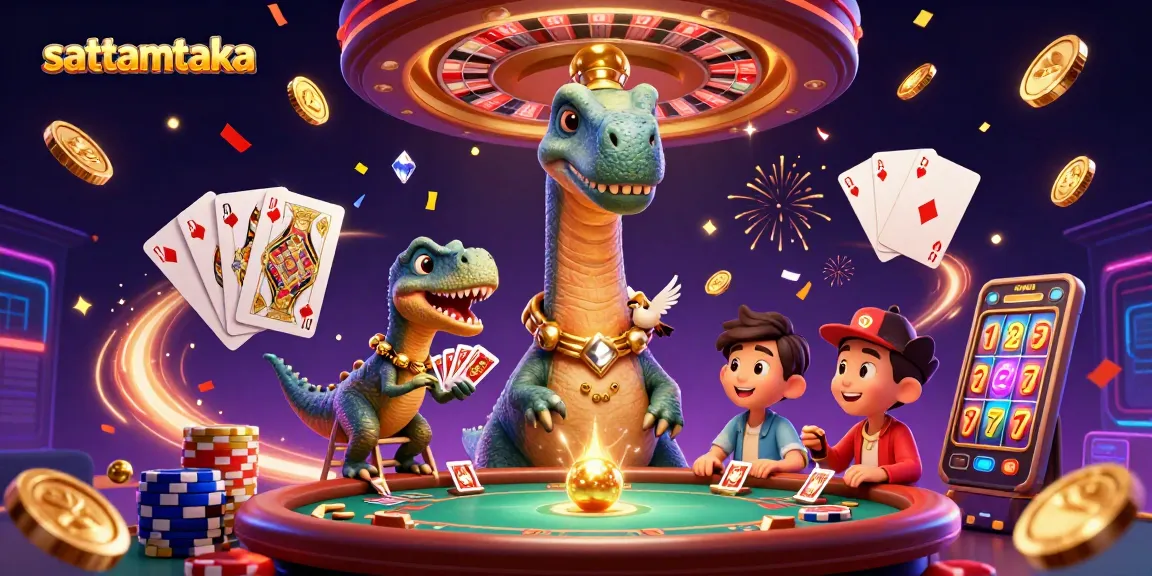 Sattamtaka's vibrant casino scene with a cartoon dinosaur and raptor interacting around a bustling poker table.