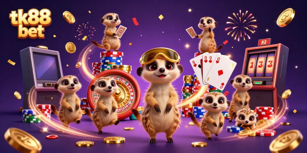 Experience the excitement of tk88 bet with animated meerkats in a vibrant casino scene full of winning elements.