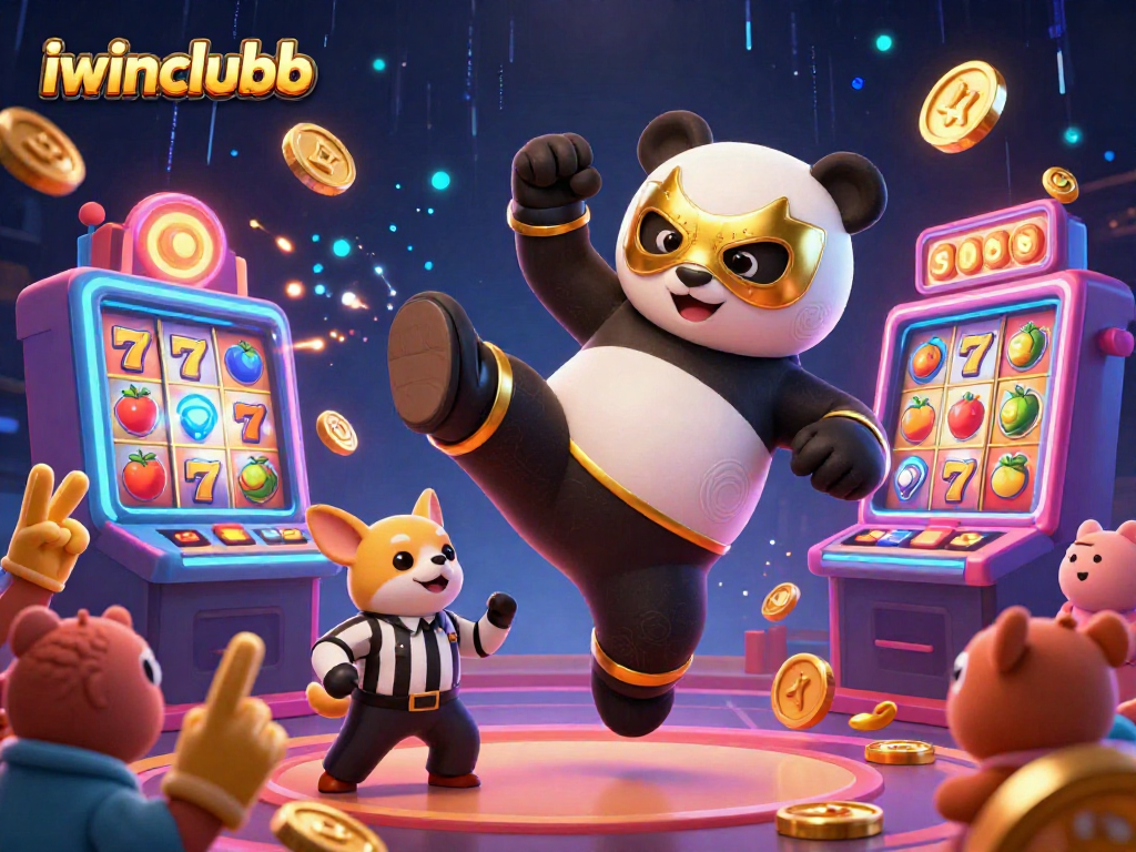 Experience the thrill of iwinclubb with a panda wrestler kicking off a jackpot celebration amidst vibrant casino elements.