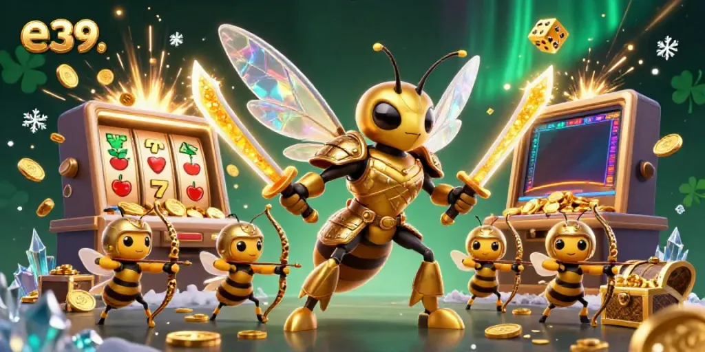 A vibrant 3D illustration showcasing the e 39 theme, featuring a samurai hornet and slot elements in an exciting casino atmosphere.