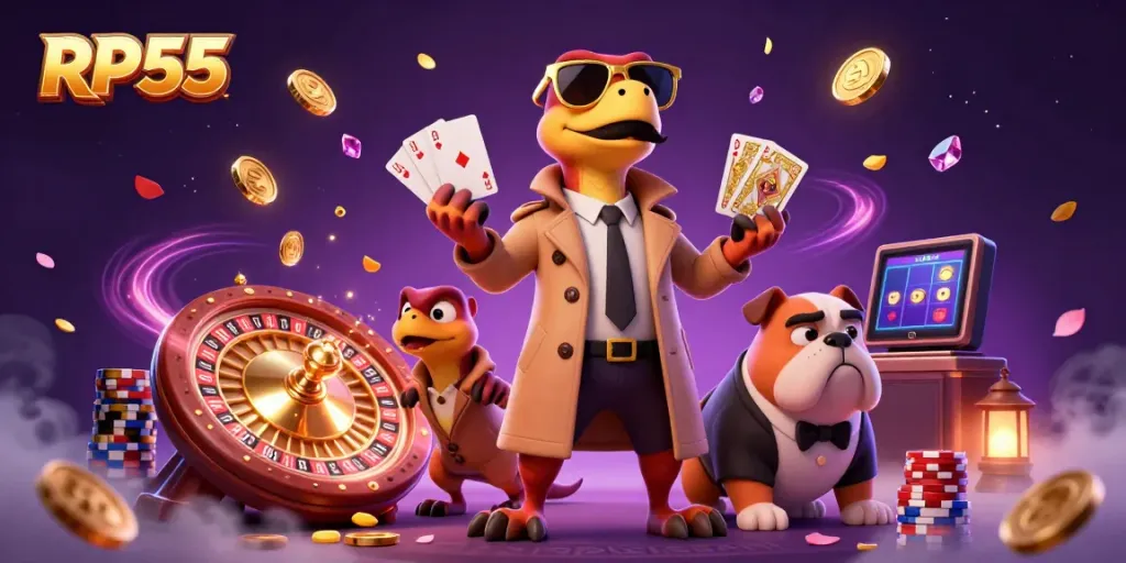 Witness RP55's thrilling VIP entrance as playful raptors blend into a gambling scene filled with excitement.