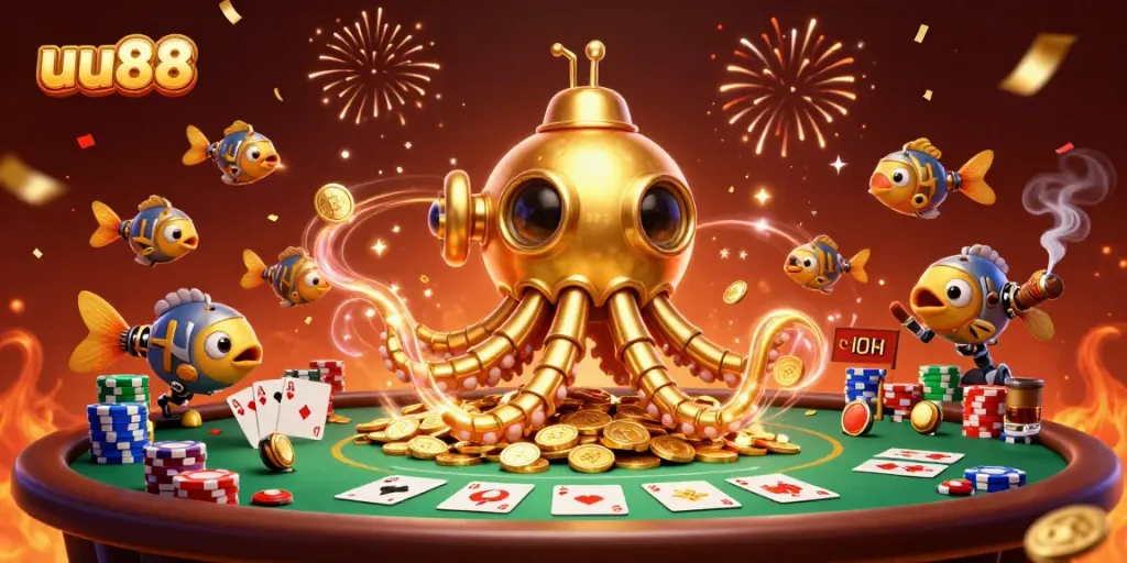 Experience the excitement of uu88 at a vibrant poker scene with golden kraken and mechanical fish.
