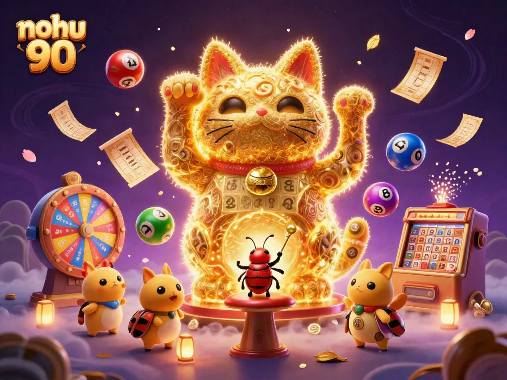 Engage with nohu 90 as a giant lucky cat formed by golden fireflies amidst a vibrant casino scene.