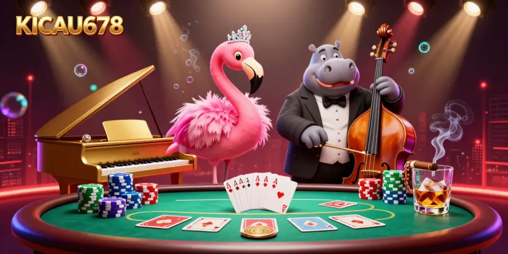 Experience thrilling gameplay with KICAU678 in this vibrant 3D casino scene featuring vibrant characters and poker elements.