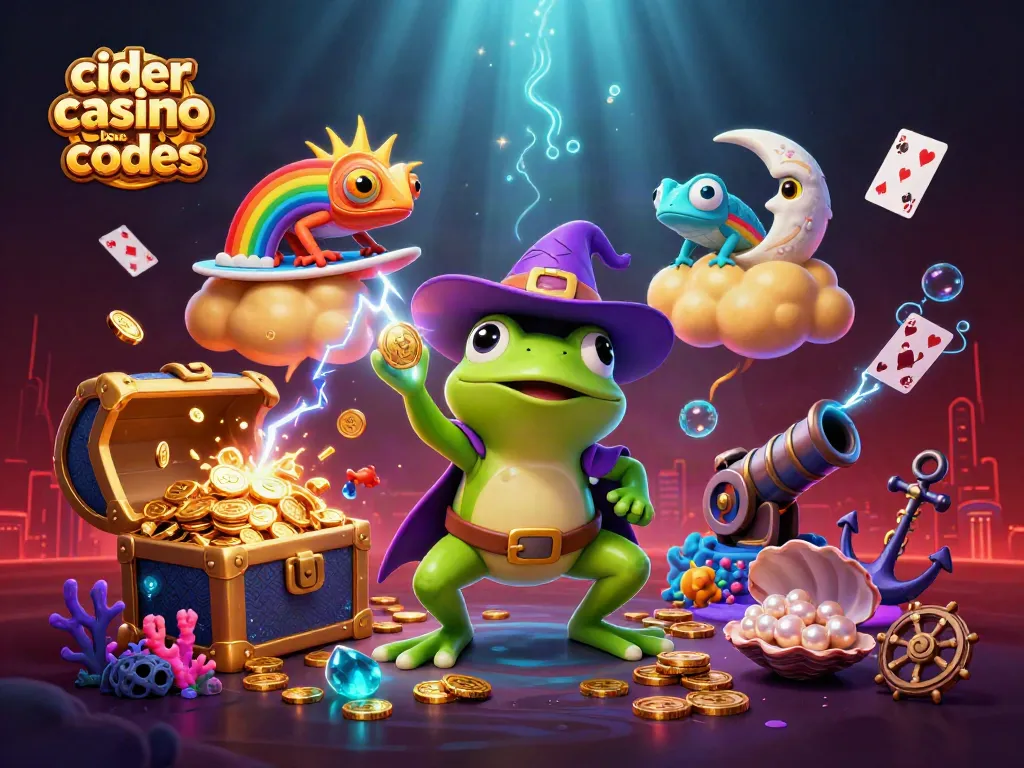Engage with exciting cider casino bonus codes through vibrant gold coins and diverse gaming elements in this rich illustration.
