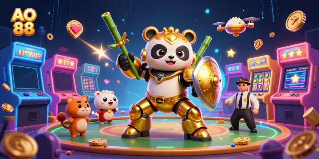 Engage with vibrant AO 88 gaming atmosphere showcasing a golden panda in a mech suit amidst 3D slot reels.