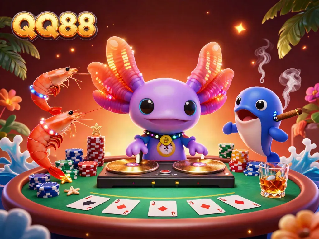 Engage with QQ88's vibrant casino experience featuring a neon axolotl DJ and dynamic poker scene.