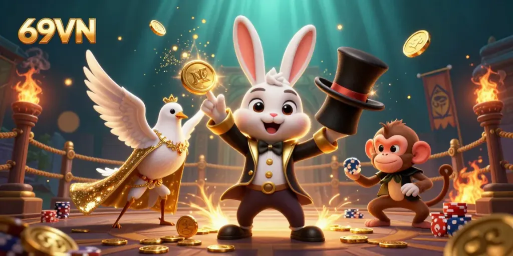 Experience the magic of 69VN with a dynamic scene of a magician pulling golden coins amidst vibrant casino elements.