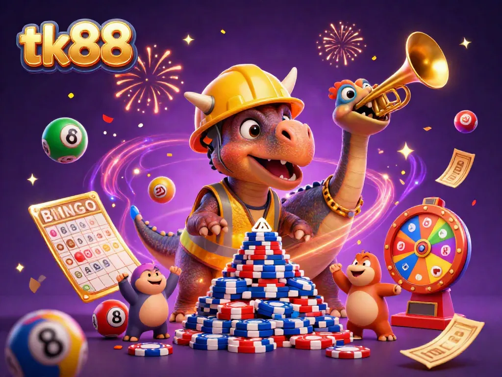 Experience excitement with tk88 as colorful lottery balls and confetti surround a cheerful 3D dinosaur casino scene.