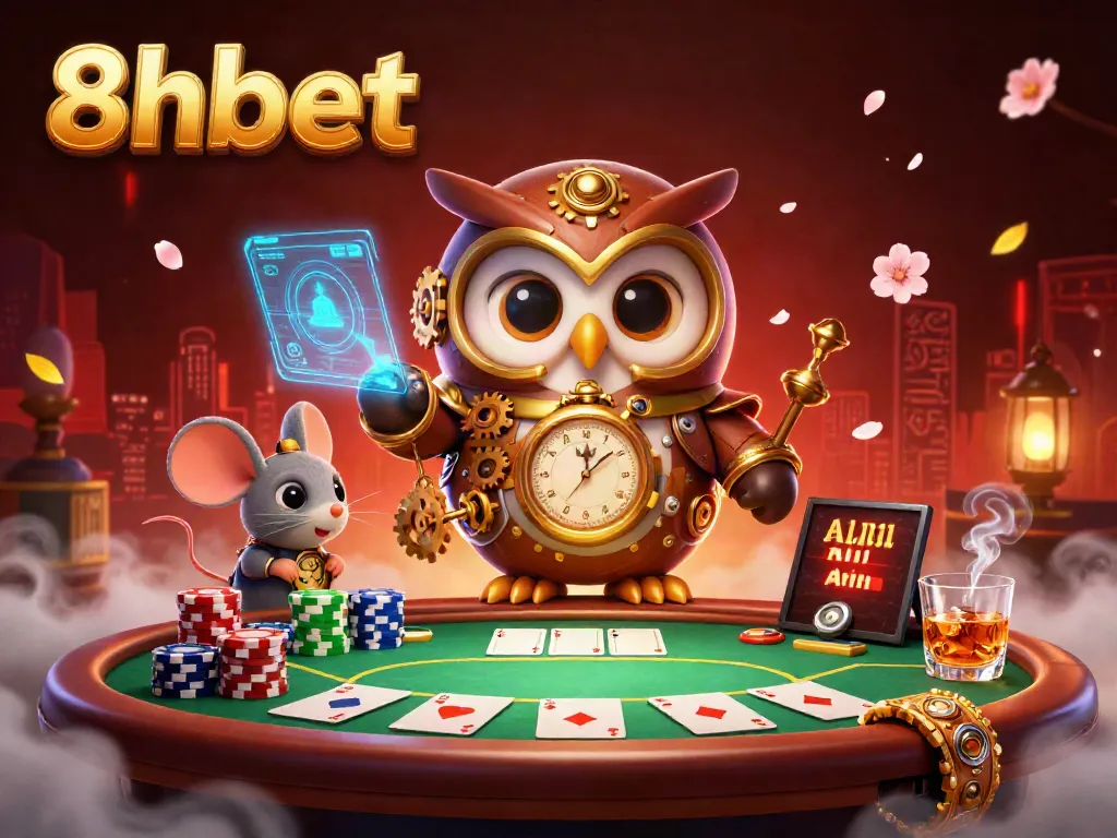 Experience thrilling games at 8xbet with a steampunk owl and vibrant casino elements.