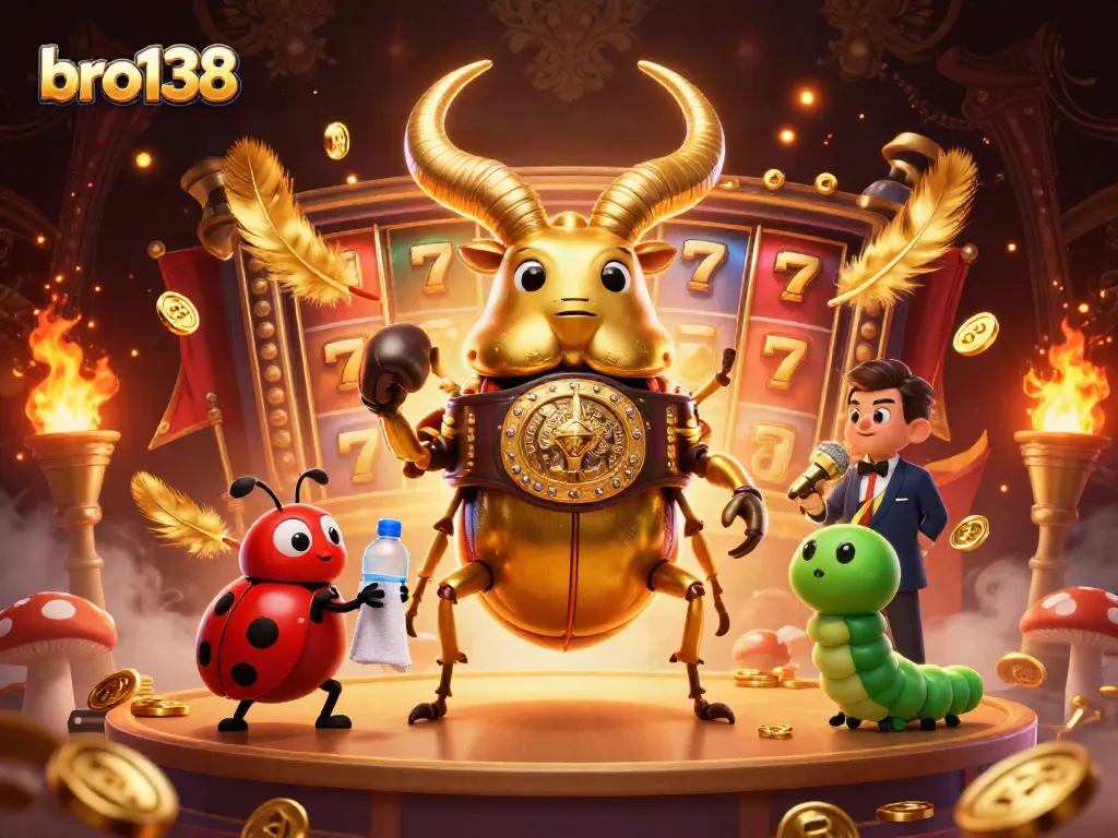 Experience the excitement of bro138 with a vibrant casino showdown featuring a giant beetle and slot elements.