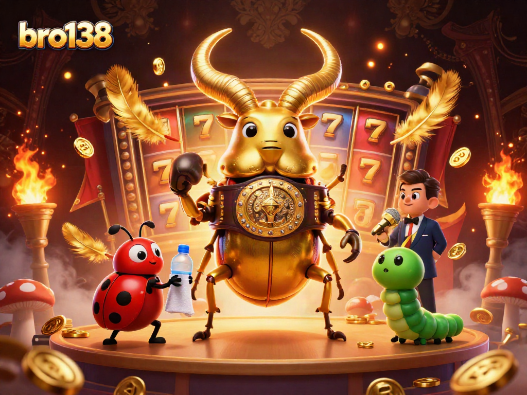 Experience the excitement of bro138 with a vibrant casino showdown featuring a giant beetle and slot elements.