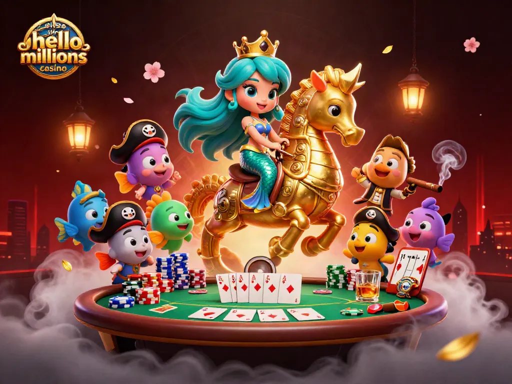 Experience sites like hello millions casino with colorful characters and vibrant casino elements in a 3D digital illustration.