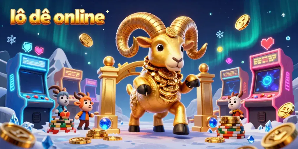 Experience thrilling action in lô đề online with golden ram at the casino gate amid colorful game machines.