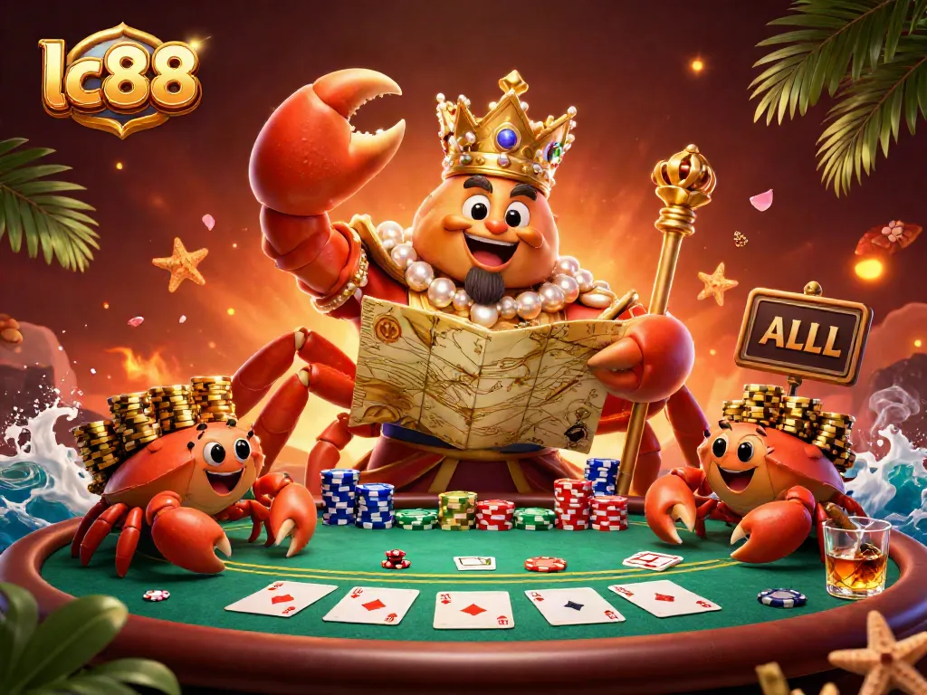 Engage with the vibrant lc88 gaming scene featuring a golden crab emperor and dynamic poker elements.