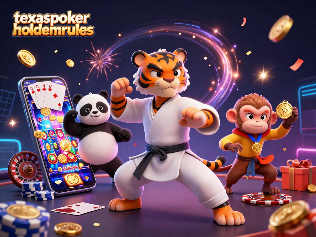 Experience the excitement of gaming with texaspokerholdemrules as the kung fu tiger shows off poker strategies amid vibrant casino elements.