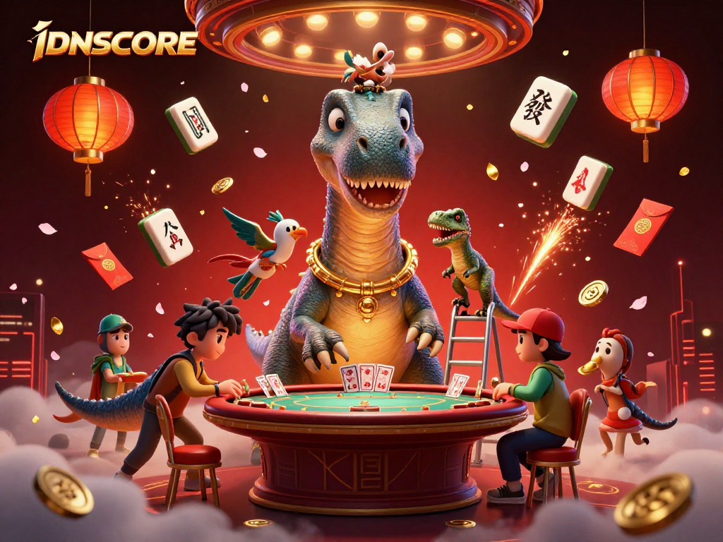 IDNSCORE showcases a whimsical casino scene with a giant brontosaurus and clever raptor dealing cards.