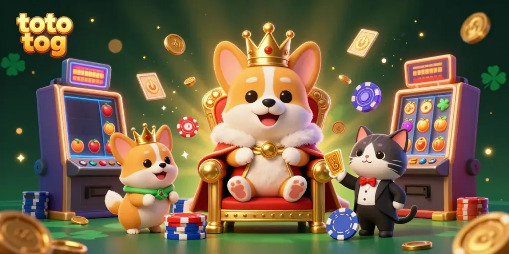 Experience gaming excitement with the playful scene featuring toto tog characters amidst lively slot machines and gaming elements.