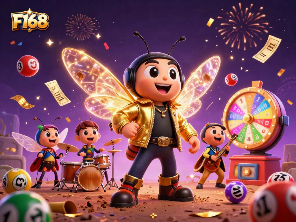 Experience excitement at F168 with vibrant casino games featuring colorful lottery balls and energetic characters.