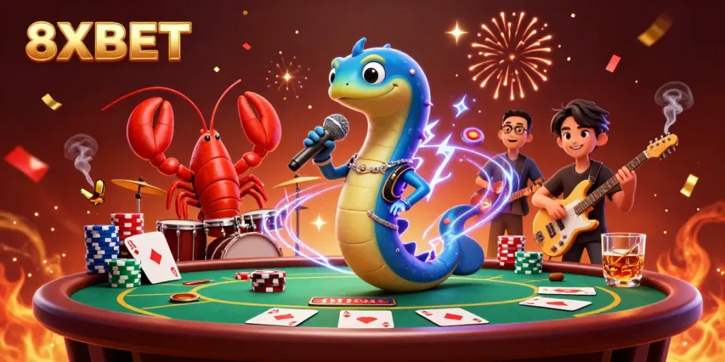 8XBET's underwater casino scene featuring a DJ electric eel performing with engaging game elements.
