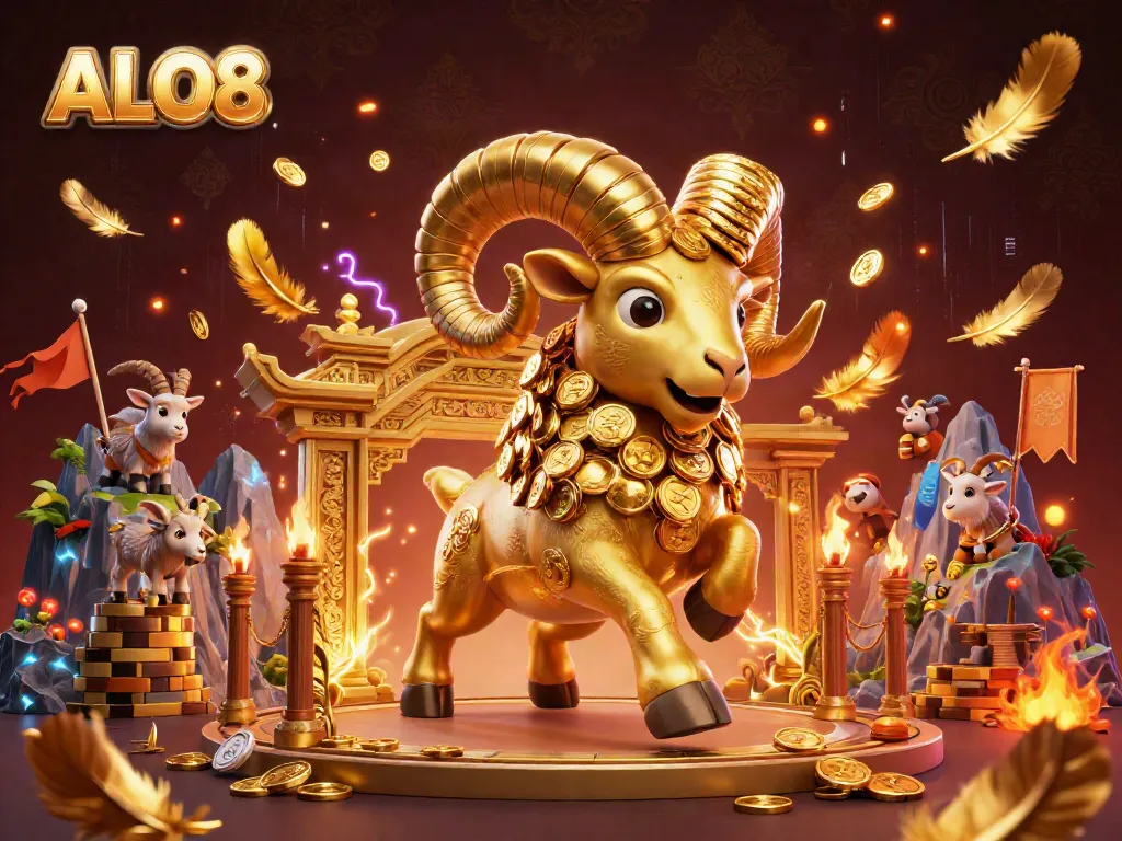 Experience excitement with ALO8's golden ram charging at the gates of fortune, surrounded by casino elements.