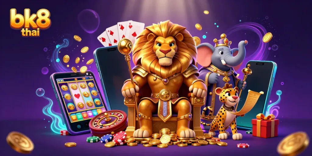 Win big at bk8 thai with this vibrant 3D casino scene featuring royal characters and slot games.